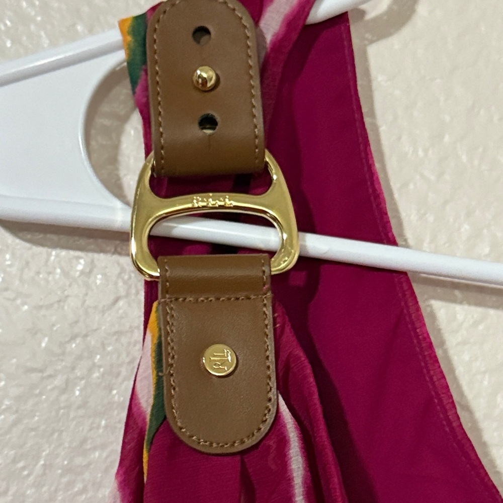 Ralph Lauren Asymmetrical Dress in Pink and White gold leather hardware Sz 12 - Picture 6 of 10